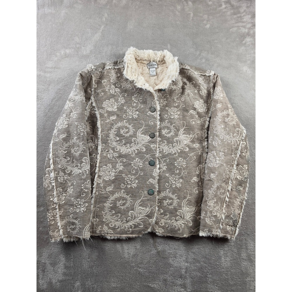 Chico's Jacket Women Size 1 M Floral Faux Fur Trimmed Tapestry Button Up Boho